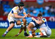 22 April 2023; Keagan Johannes of Vodacom Bulls is tackled by James Culhane and Charlie Tector of Leinster during the United Rugby Championship match between Vodacom Bulls and Leinster at Loftus Versfeld Stadium in Pretoria, South Africa. Photo by Harry Murphy/Sportsfile
