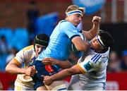 22 April 2023; Janko Swanepoel of Vodacom Bulls is tackled by James Culhane and Thomas Clarkson of Leinster during the United Rugby Championship match between Vodacom Bulls and Leinster at Loftus Versfeld Stadium in Pretoria, South Africa. Photo by Harry Murphy/Sportsfile