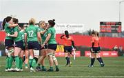 22 April 2023; Ireland players react at the final whistle during the TikTok Women's Six Nations Rugby Championship match between Ireland and England at Musgrave Park in Cork. Photo by Eóin Noonan/Sportsfile