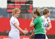 22 April 2023; Dannah O'Brien of Ireland shakes hands with Delaney Burns of England after the TikTok Women's Six Nations Rugby Championship match between Ireland and England at Musgrave Park in Cork. Photo by Eóin Noonan/Sportsfile