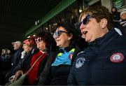 22 April 2023; New York supporters, from left, Margaret Kelly, Olive McDonald and Claire McCartney from New York during the Connacht GAA Football Senior Championship Semi-Final match between Sligo and New York at Markievicz Park in Sligo. Photo by David Fitzgerald/Sportsfile