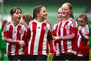 22 April 2023; Lusk United players celebrate after their game against Claremorris AFC during the Aviva Soccer Sisters Finals Day at the Aviva Stadium in Dublin. Photo by Sam Barnes/Sportsfile