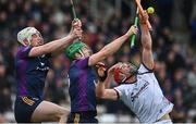 22 April 2023; Conor Whelan of Galway in action against Liam Ryan, left, and Matthew O’Hanlon of Wexford during the Leinster GAA Hurling Senior Championship Round 1 match between Galway and Wexford at Pearse Stadium in Galway. Photo by Seb Daly/Sportsfile