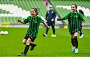 22 April 2023; Calla Wielopolski of Greystones United, Wicklow, left, celebrates during the Aviva Soccer Sisters Finals Day at the Aviva Stadium in Dublin. Photo by Sam Barnes/Sportsfile