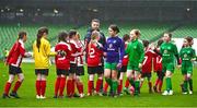22 April 2023; Players from Lusk United, Dublin, and Claremorris AFC, Mayo, shake hands after their match during the Aviva Soccer Sisters Finals Day at the Aviva Stadium in Dublin. Photo by Sam Barnes/Sportsfile