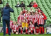 22 April 2023; The Lusk United team pose for a team photo during the Aviva Soccer Sisters Finals Day at the Aviva Stadium in Dublin. Photo by Sam Barnes/Sportsfile