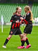 22 April 2023; Nessa Keogh of Mungret Regional FC, Limerick, left, celebrates a goal with team-mate Siun Kelly during the Aviva Soccer Sisters Finals Day at the Aviva Stadium in Dublin. Photo by Sam Barnes/Sportsfile