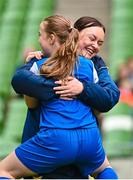 22 April 2023; Cambridge United coach Amy McGaskin, celebrates with Allie Murphy during the Aviva Soccer Sisters Finals Day at the Aviva Stadium in Dublin. Photo by Sam Barnes/Sportsfile