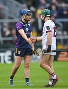 22 April 2023; Shane Reck of Wexford and Evan Niland of Galway shake hands after the Leinster GAA Hurling Senior Championship Round 1 match between Galway and Wexford at Pearse Stadium in Galway. Photo by Seb Daly/Sportsfile