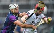 22 April 2023; Tom Monaghan of Galway in action against Conor Devitt of Wexford during the Leinster GAA Hurling Senior Championship Round 1 match between Galway and Wexford at Pearse Stadium in Galway. Photo by Seb Daly/Sportsfile
