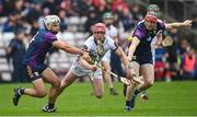22 April 2023; Ronan Glennon of Galway in action against Conor McDonald, left, and Conor Hearne of Wexford during the Leinster GAA Hurling Senior Championship Round 1 match between Galway and Wexford at Pearse Stadium in Galway. Photo by Seb Daly/Sportsfile