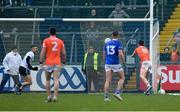 22 April 2023; Ben Crealey of Armagh scores his side's first goal past Cavan goalkeeper Raymond Galligan during the Ulster GAA Football Senior Championship quarter-final match between Cavan and Armagh at Kingspan Breffni in Cavan. Photo by Stephen McCarthy/Sportsfile
