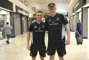 22 April 2023; Conor O’Tighearnaigh of Leinster is presented his first cap by teammate Nick McCarthy after the United Rugby Championship match between Vodacom Bulls and Leinster at Loftus Versfeld Stadium in Pretoria, South Africa. Photo by Harry Murphy/Sportsfile