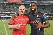 22 April 2023; Keith Earls of Munster, left, and Siya Kolisi of Cell C Sharks after the United Rugby Championship match between Cell C Sharks and Munster at Hollywoodbets Kings Park Stadium in Durban, South Africa. Photo by Darren Stewart/Sportsfile
