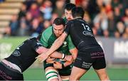 22 April 2023; Josh Murphy of Connacht is tackled by Sam Johnson, right, and Fraser Brown of Glasgow Warriors during the United Rugby Championship match between Glasgow Warriors and Connacht at Scotstoun Stadium in Glasgow, Scotland. Photo by Paul Devlin/Sportsfile