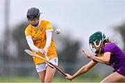 22 April 2023; Orlaith McAlister of Antrim in action against Sophie O'Leary of Wexford during the Electric Ireland Camogie Minor A Shield Semi-Final match between Antrim and Wexford at Coralstown Kinnegad GAA in Westmeath. Photo by Stephen Marken/Sportsfile