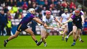 22 April 2023; Ronan Glennon of Galway in action against Conor McDonald, left, and Conor Hearne of Wexford during the Leinster GAA Hurling Senior Championship Round 1 match between Galway and Wexford at Pearse Stadium in Galway. Photo by Seb Daly/Sportsfile