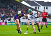 22 April 2023; Evan Niland of Galway in action against Conor Devitt of Wexford during the Leinster GAA Hurling Senior Championship Round 1 match between Galway and Wexford at Pearse Stadium in Galway. Photo by Seb Daly/Sportsfile