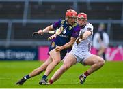 22 April 2023; Diarmuid O’Keeffe of Wexford in action against TJ Brennan of Galway during the Leinster GAA Hurling Senior Championship Round 1 match between Galway and Wexford at Pearse Stadium in Galway. Photo by Seb Daly/Sportsfile