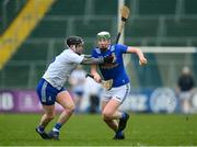 22 April 2023; Diarmaid Carney of Cavan in action against Paddy Finnegan, left, and Colin Merrick of Monaghan during the Lory Meagher Cup Round 2 match between Cavan and Monaghan at Kingspan Breffni in Cavan. Photo by Stephen McCarthy/Sportsfile
