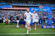 22 April 2023; Leinster captain Ed Byrne leads out the team before the United Rugby Championship match between Vodacom Bulls and Leinster at Loftus Versfeld Stadium in Pretoria, South Africa. Photo by Harry Murphy/Sportsfile