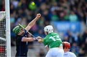 23 April 2023; Aaron Gillane of Limerick in action against Waterford goalkeeper Billy Nolan during the Munster GAA Hurling Senior Championship Round 1 match between Waterford and Limerick at FBD Semple Stadium in Thurles, Tipperary. Photo by Stephen McCarthy/Sportsfile