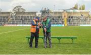 23 April 2023; Meath GAA stewards Paddy O'Dwyer, left, from Dunshaughlin, Co Meath, and Seán Fox, from Moylagh, Co Meath, ahead of the Leinster GAA Football Senior Championship Quarter-Final match between Westmeath and Louth at Páirc Tailteann in Navan, Meath. Photo by Daire Brennan/Sportsfile
