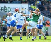 23 April 2023; Tom Morrissey of Limerick in action against Tadhg de Burca of Waterford during the Munster GAA Hurling Senior Championship Round 1 match between Waterford and Limerick at FBD Semple Stadium in Thurles, Tipperary. Photo by Stephen McCarthy/Sportsfile