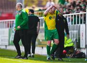 23 April 2023; Jason Sexton of Rockmount AFC reacts after coming off the pitch with an injury during the FAI Intermediate Cup Final 2022/23 match between Cockhill Celtic and Rockmount AFC at The Showgrounds in Sligo. Photo by Ben McShane/Sportsfile