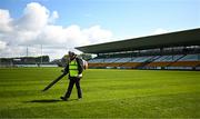 23 April 2023; Groundsman Jim Kelly applies the finishing touches to the pitch before the Leinster GAA Football Senior Championship Quarter-Final match between Offaly and Meath at Glenisk O'Connor Park in Tullamore, Offaly. Photo by Eóin Noonan/Sportsfile