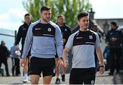 23 April 2023; Damien Comer, left, and Ian Burke of Galway arrive before the Connacht GAA Football Senior Championship Semi-Final match between Roscommon and Galway at Dr Hyde Park in Roscommon. Photo by Seb Daly/Sportsfile