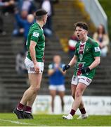23 April 2023; Ronan O'Toole of Westmeath, left, celebrates with team-mate Stephen Smith, after scoring his side's first goal during the Leinster GAA Football Senior Championship Quarter-Final match between Westmeath and Louth at Páirc Tailteann in Navan, Meath. Photo by Daire Brennan/Sportsfile