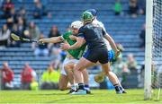 23 April 2023; Aaron Gillane of Limerick is tackled by Conor Prunty and Waterford goalkeeper Billy Nolan during the Munster GAA Hurling Senior Championship Round 1 match between Waterford and Limerick at FBD Semple Stadium in Thurles, Tipperary. Photo by Stephen McCarthy/Sportsfile