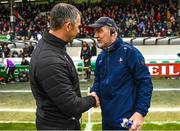 23 April 2023; Louth manager Mickey Harte shakes hands with Westmeath manager Dessie Dolan after the Leinster GAA Football Senior Championship Quarter-Final match between Westmeath and Louth at Páirc Tailteann in Navan, Meath. Photo by Daire Brennan/Sportsfile