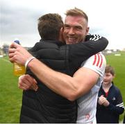 23 April 2023; Conor Grimes of Louth celebrates with county board chairman Peter Fitzpatrick after the Leinster GAA Football Senior Championship Quarter-Final match between Westmeath and Louth at Páirc Tailteann in Navan, Meath. Photo by Daire Brennan/Sportsfile