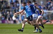 23 April 2023; Jack McCaffrey of Dublin in action against Damon Larkin of Laois during the Leinster GAA Football Senior Championship Quarter-Final match between Laois and Dublin at Laois Hire O'Moore Park in Portlaoise, Laois. Photo by Brendan Moran/Sportsfile