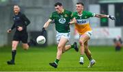 23 April 2023; Jordan Morris of Meath in action against Jack McEvoy of Offaly during the Leinster GAA Football Senior Championship Quarter-Final match between Offaly and Meath at Glenisk O'Connor Park in Tullamore, Offaly. Photo by Eóin Noonan/Sportsfile