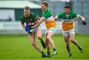 23 April 2023; Mathew Costello of Meath is tackled by Ciaran Donnelly of Offaly during the Leinster GAA Football Senior Championship Quarter-Final match between Offaly and Meath at Glenisk O'Connor Park in Tullamore, Offaly. Photo by Eóin Noonan/Sportsfile