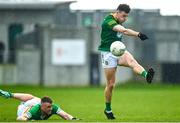 23 April 2023; Donal Lenihan of Meath has a shot on goal during the Leinster GAA Football Senior Championship Quarter-Final match between Offaly and Meath at Glenisk O'Connor Park in Tullamore, Offaly. Photo by Eóin Noonan/Sportsfile