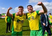 23 April 2023; Ian Mylod, left, and Martin Connolly of Rockmount AFC celebrates after the FAI Intermediate Cup Final 2022/23 match between Cockhill Celtic and Rockmount AFC at The Showgrounds in Sligo. Photo by Ben McShane/Sportsfile