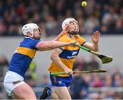 23 April 2023; Ryan Taylor of Clare in action against Michael Breen of Tipperary during the Munster GAA Hurling Senior Championship Round 1 match between Clare and Tipperary at Cusack Park in Ennis, Clare. Photo by Ray McManus/Sportsfile