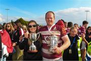 23 April 2023; Tullow captain Scott Calbeck and Tullow ladies captain Lana Brennan lifts the Paul Floodcup and Towns Cup after the ladies team won the Paul Flood cup yesterday and the men's team won the Towns Cup after Bank of Ireland Provincial Towns Cup Final between Tullow RFC and Kilkenny RFC at Athy Rugby Football Club in Kildare. Photo by Matt Browne/Sportsfile