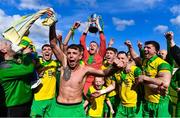 23 April 2023; Rockmount AFC players celebrate with the cup after the FAI Intermediate Cup Final 2022/23 match between Cockhill Celtic and Rockmount AFC at The Showgrounds in Sligo. Photo by Ben McShane/Sportsfile