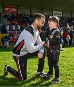 23 April 2023; Down manager Conor Laverty with his son Fiachra after the Ulster GAA Football Senior Championship Quarter-Final match between Down and Donegal at Pairc Esler in Newry, Down. Photo by Ramsey Cardy/Sportsfile