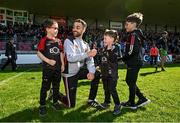 23 April 2023; Down manager Conor Laverty with his children, from left, Conor Óg, Fiachra and Conleith after the Ulster GAA Football Senior Championship Quarter-Final match between Down and Donegal at Pairc Esler in Newry, Down. Photo by Ramsey Cardy/Sportsfile