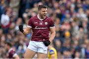 23 April 2023; Damien Comer of Galway celebrates after scoring his side's first goal during the Connacht GAA Football Senior Championship Semi-Final match between Roscommon and Galway at Dr Hyde Park in Roscommon. Photo by Seb Daly/Sportsfile