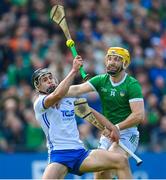 23 April 2023; Seamus Flanagan of Limerick in action against Mark Fitzgerald of Waterford during the Munster GAA Hurling Senior Championship Round 1 match between Waterford and Limerick at FBD Semple Stadium in Thurles, Tipperary. Photo by Stephen McCarthy/Sportsfile