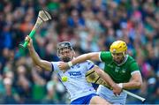 23 April 2023; Seamus Flanagan of Limerick in action against Mark Fitzgerald of Waterford during the Munster GAA Hurling Senior Championship Round 1 match between Waterford and Limerick at FBD Semple Stadium in Thurles, Tipperary. Photo by Stephen McCarthy/Sportsfile