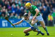 23 April 2023; Seamus Flanagan of Limerick in action against Mark Fitzgerald of Waterford during the Munster GAA Hurling Senior Championship Round 1 match between Waterford and Limerick at FBD Semple Stadium in Thurles, Tipperary. Photo by Stephen McCarthy/Sportsfile