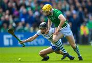 23 April 2023; Seamus Flanagan of Limerick in action against Mark Fitzgerald of Waterford during the Munster GAA Hurling Senior Championship Round 1 match between Waterford and Limerick at FBD Semple Stadium in Thurles, Tipperary. Photo by Stephen McCarthy/Sportsfile